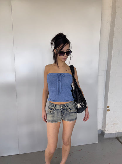 Blue Crochet Strapless Top